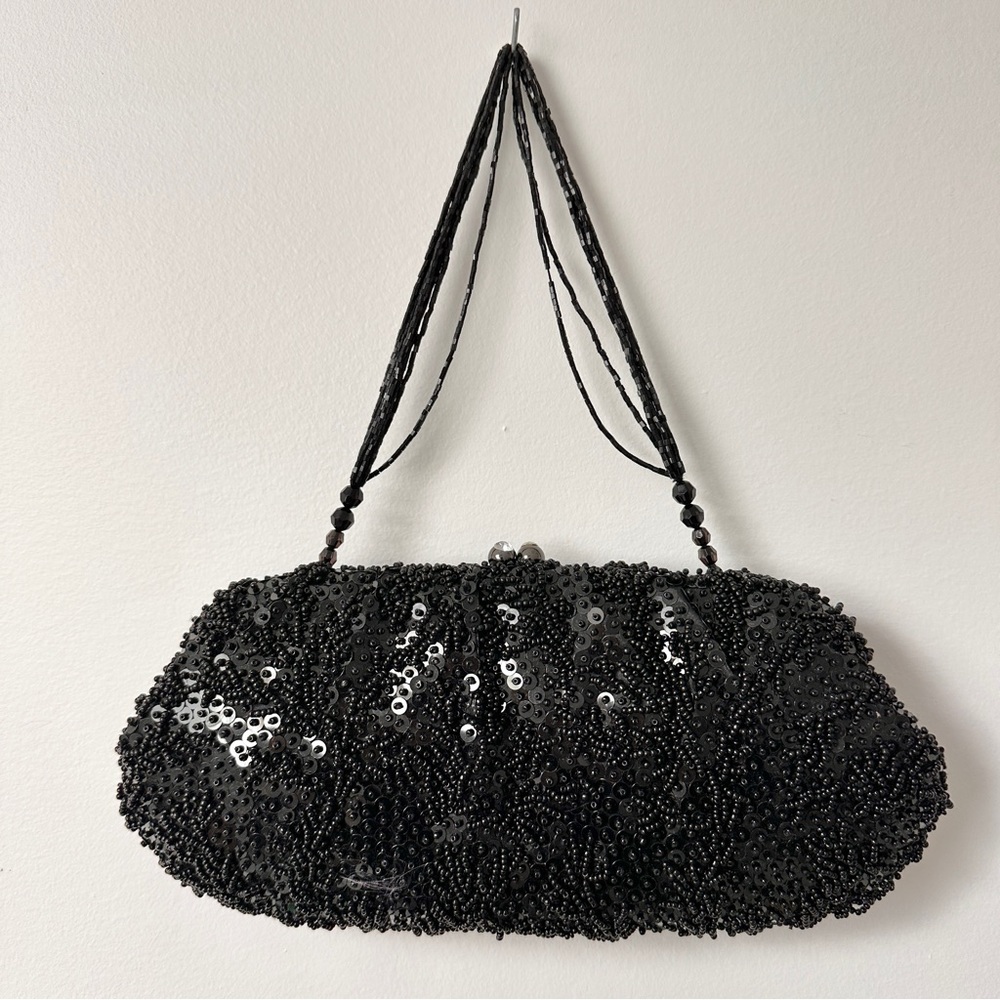 Vintage Elegant FRANCHI Black Beaded Sequin Cocktail Evening Bag Purse - Picture 6 of 16